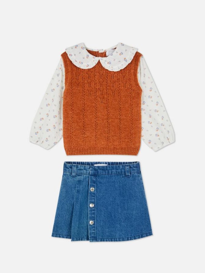 0-36mths | 2-in-1 Jumper and Blouse and Denim Skirt Set - Image 3