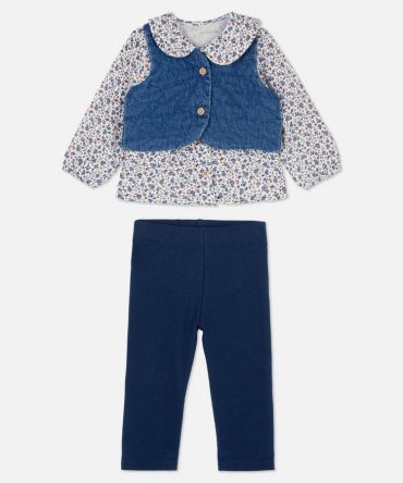 0-36mths | Blouse, Denim Gilet and Leggings Set