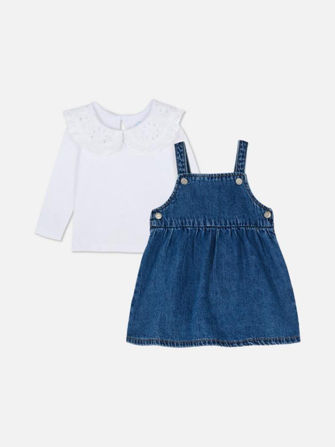 0-36mths | Collared T-Shirt and Denim Pinafore Dress Set