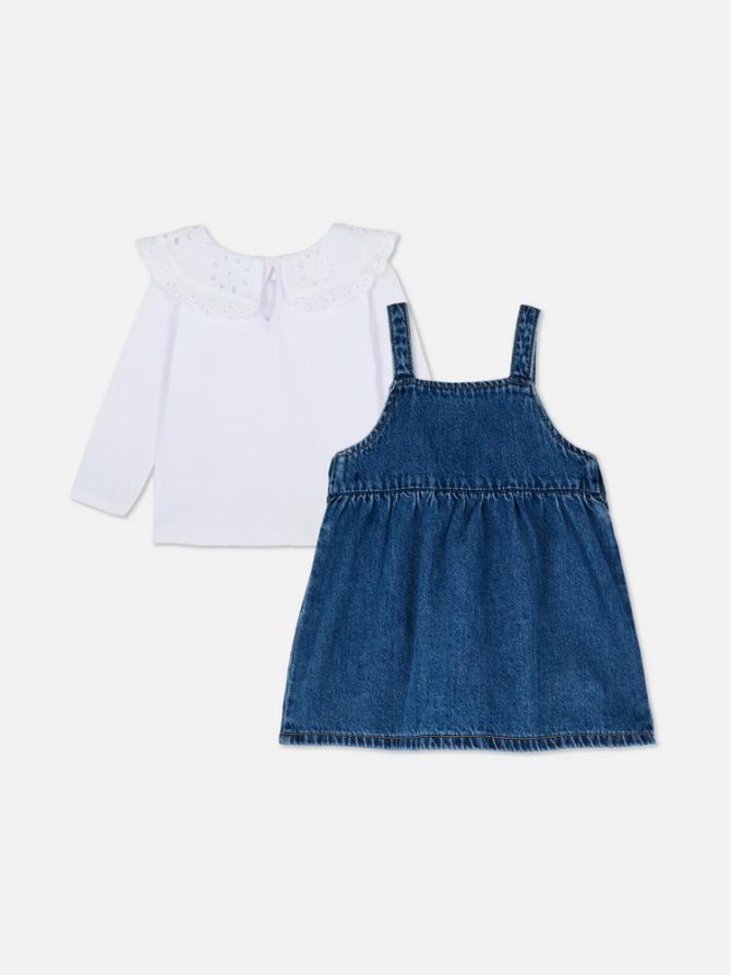 0-36mths | Collared T-Shirt and Denim Pinafore Dress Set - Image 2